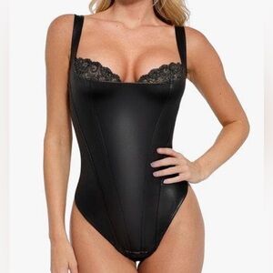 Popilush Black faux leather & Lace bra Trim Bodysuit med&large new no price tag